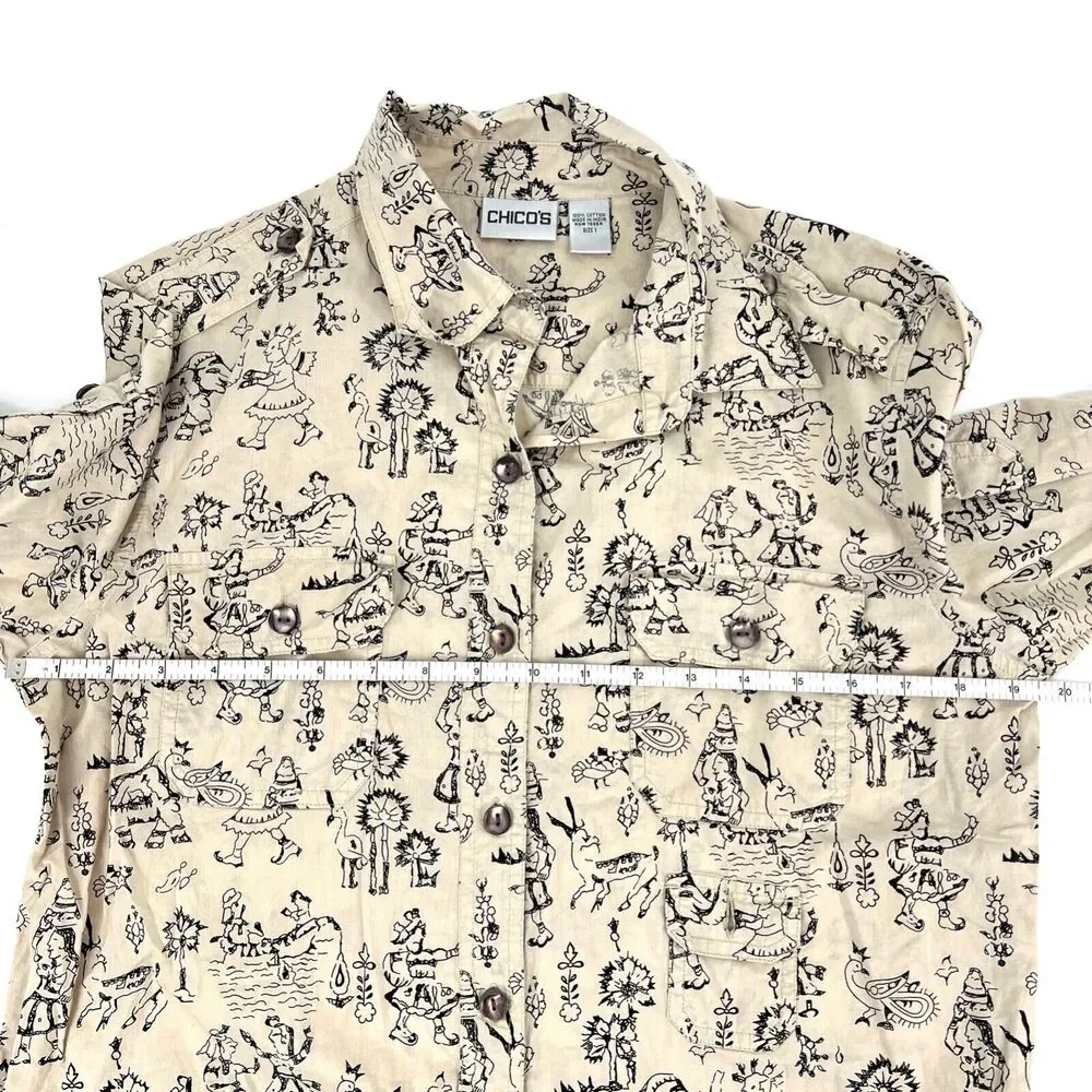Chico's Tribal Print Button Up Shirt Pockets Chico's Size 1 - Womens 8 **READ**